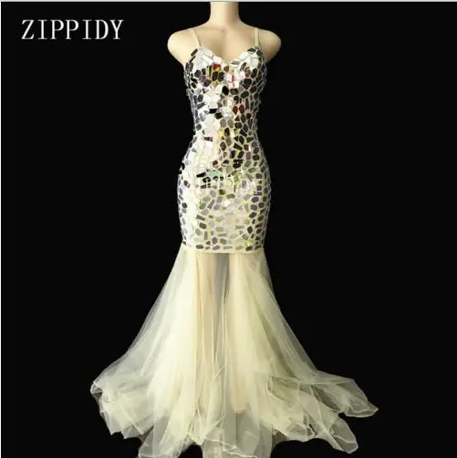 

2019 Mirrors Mesh Trains Lon Dress Sexy Flashing Birthday Party One-piece Dress Stage Costume Celebrate Performance Wear