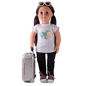 

18inch Doll Accessories Cencity Doll Travel Suitcase White T-Shirt + Jeans +Sneaker +Sunglasses for 18inch American Doll