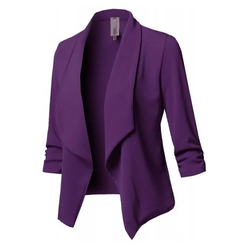 Женское офисное пальто с рукавом три четверти и лацканами, открытая передняя куртка-кардиган, одноцветная W729 - Цвет: Фиолетовый