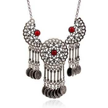 

LZHLQ Vintage Hollow Blue Stone Necklaces Fashion Metal Coin Long Tassel Necklace Plated Women Sweater Chain Jewelry Accessories