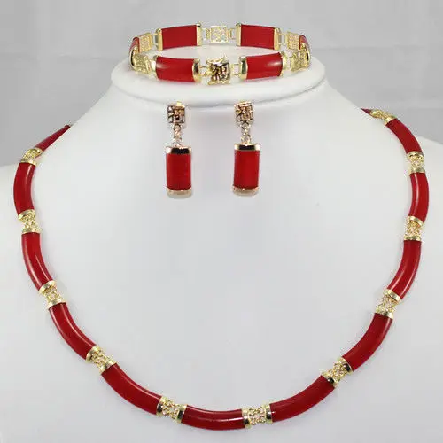 

Noblest ! Red Ruby Link Necklace Bracelet earring Set 5.23