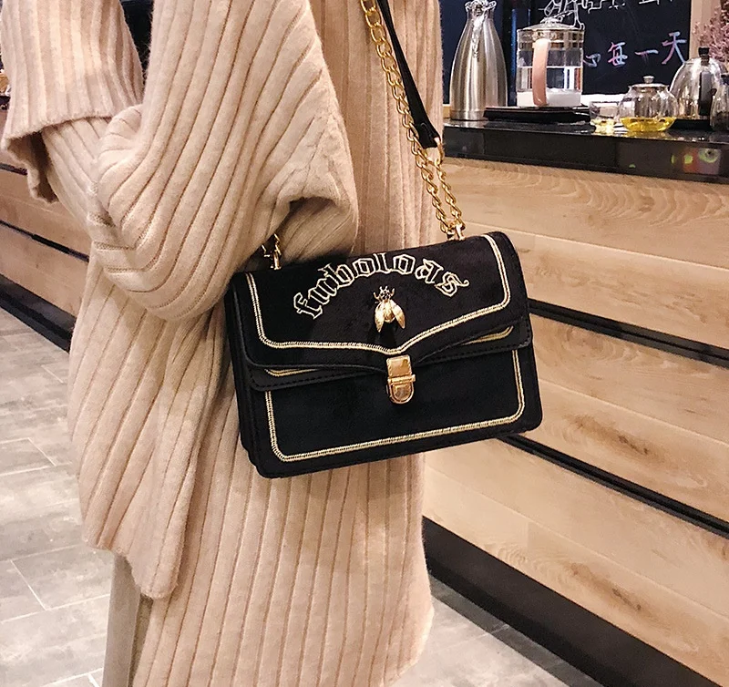 

New Fashion Embroidery Letter Cross-body Bags Scrub Women Brand Desingner Metal Bee PU Leather Shoulder Bag Small Bag Female
