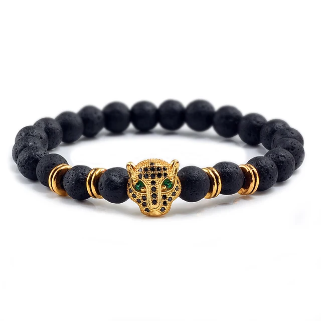 Pulsera de Lava negra, Reiki, Buda, piedra Natural, cabeza de leopardo.