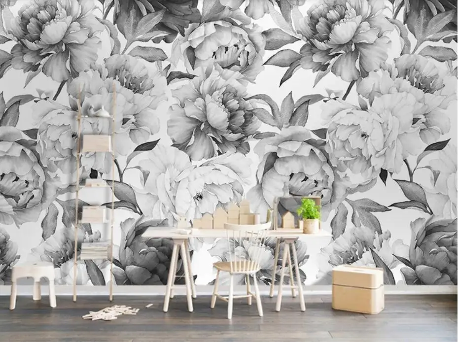 3D Black White Peony Flower Wallpaper Wall Mural for Living Room Hand