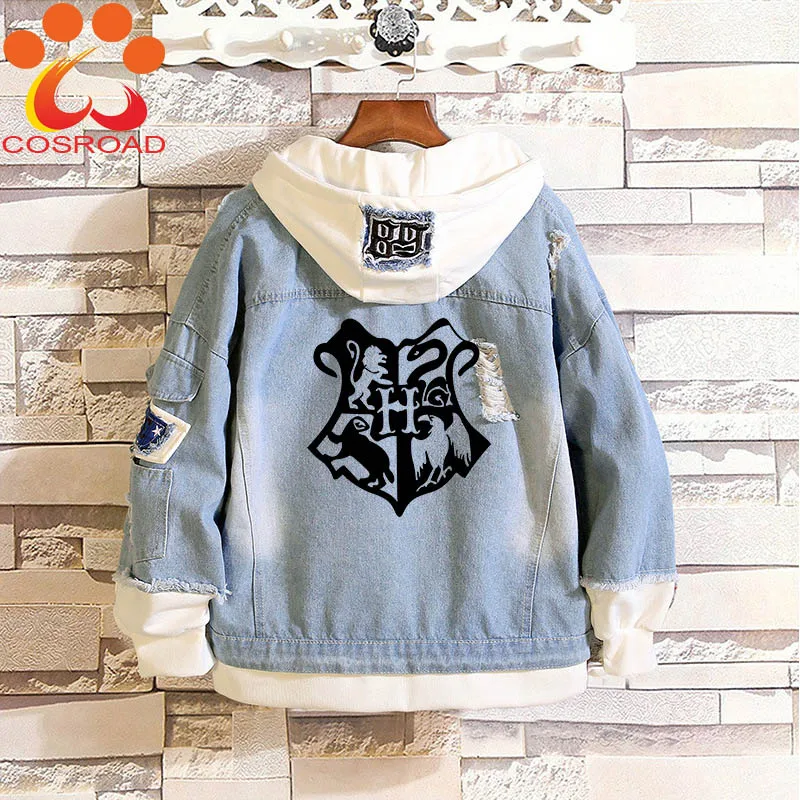 Cosroad Harry Potter Jeans Jacket Coat Coaplay Magic Academy Costume Denim Hoodies Men Women Halloween Hooded Outwear