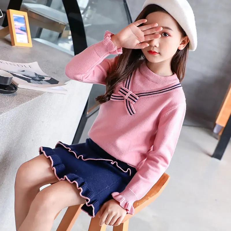 

Girls Sweater Set Children Warm Knitwear Sweater & Skirt 2 Pieces Dress Suit Teenage Kids Solid lace Clothes