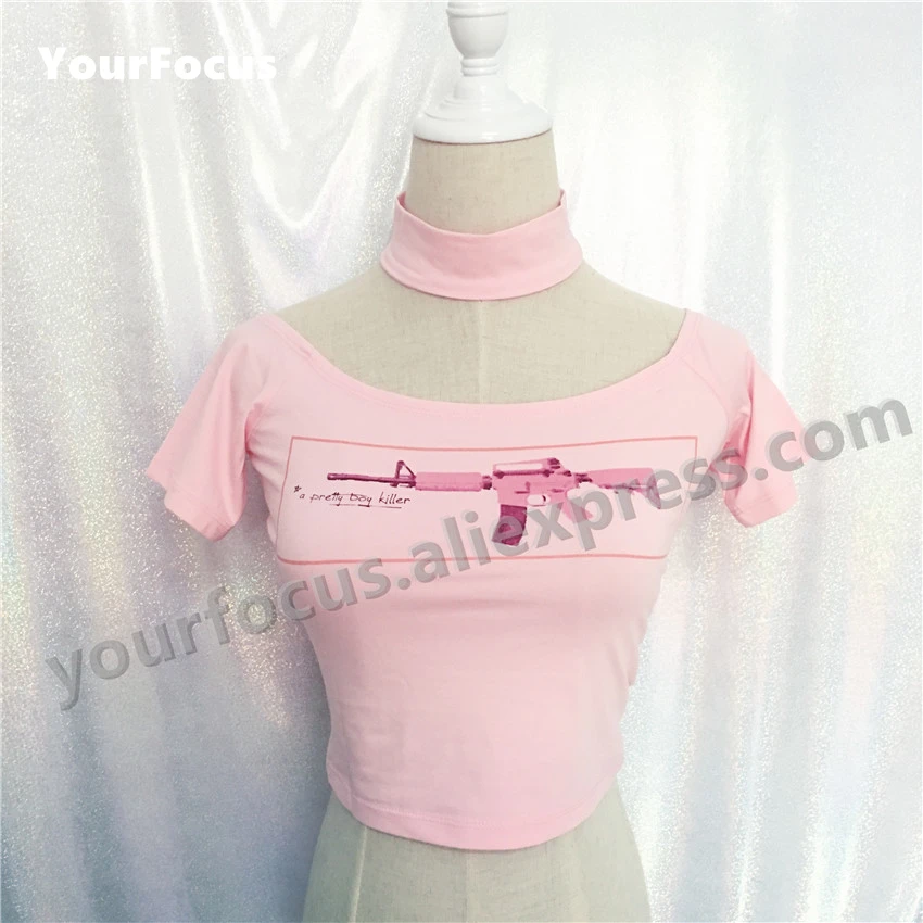 

summer 2018 harajuku punk rock sexy hipster pink ak47 m16 pattern women cropped slit neckline halter-neck crop top