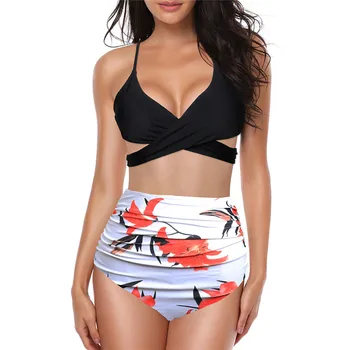 

sexy Women's halter print bodysuit off-shoulder swimsuit backless push up padded bra bathing suit bearwear set 40mr20