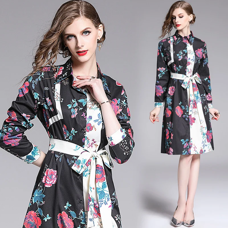 

2019 Spring Summer Fall Runway Floral Print Collar Sashes Long Sleeve Womens Party Casual Empire Waist A-Line Midi Shirt Dress