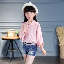 Новая детская весенне-летняя однотонная шифоновая рубашка для отдыха с v-образным вырезом белого и розового цвета