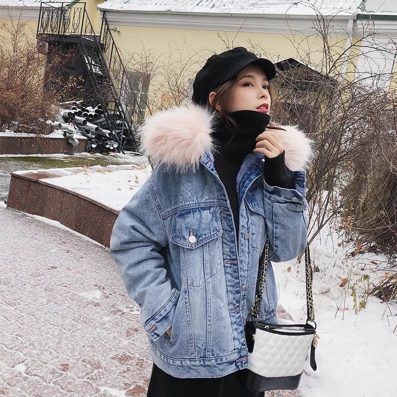 

Winter Women's Denim Jacket with Fur Caller Korean Padded Warm Wool Liner Parka Fashion Ladies Coat Hiver Parkas Mujer 2019 6456
