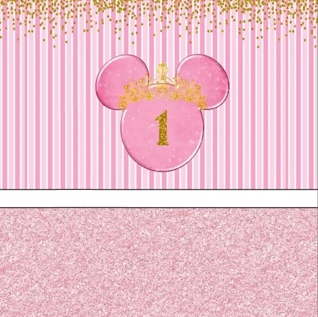 US $25 0 |8x8FT Pink Stripes Wall Gold Coins Happy 1st Birthday Minnie Head Custom Photo Background Studio Backdrops Vinyl 240cm x 240cm-in Background