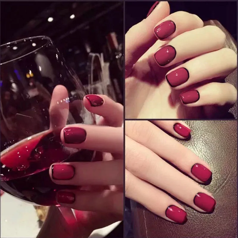 

Short Size Full Cover False Nails Girls Individuality Nail Art Tips with Glue Women Dull-red Color Black Edging Trendy Fake Nail