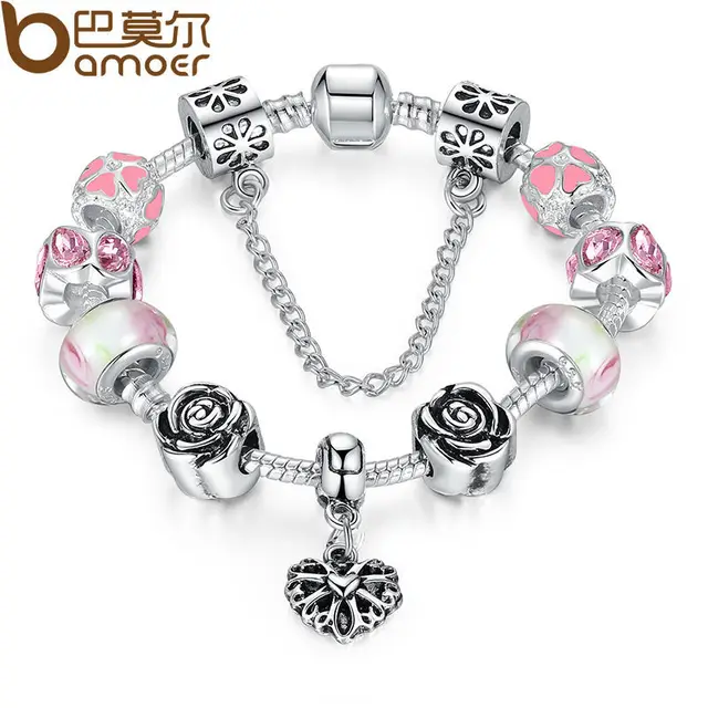 Bamoer 4colors Original Silver Pink Heart Charm Bracelet With Safety Bamoer 4colors Original Silver Pink Heart Charm Bracelet With Safety Chain For Women Authentic Jewelry Pa1452