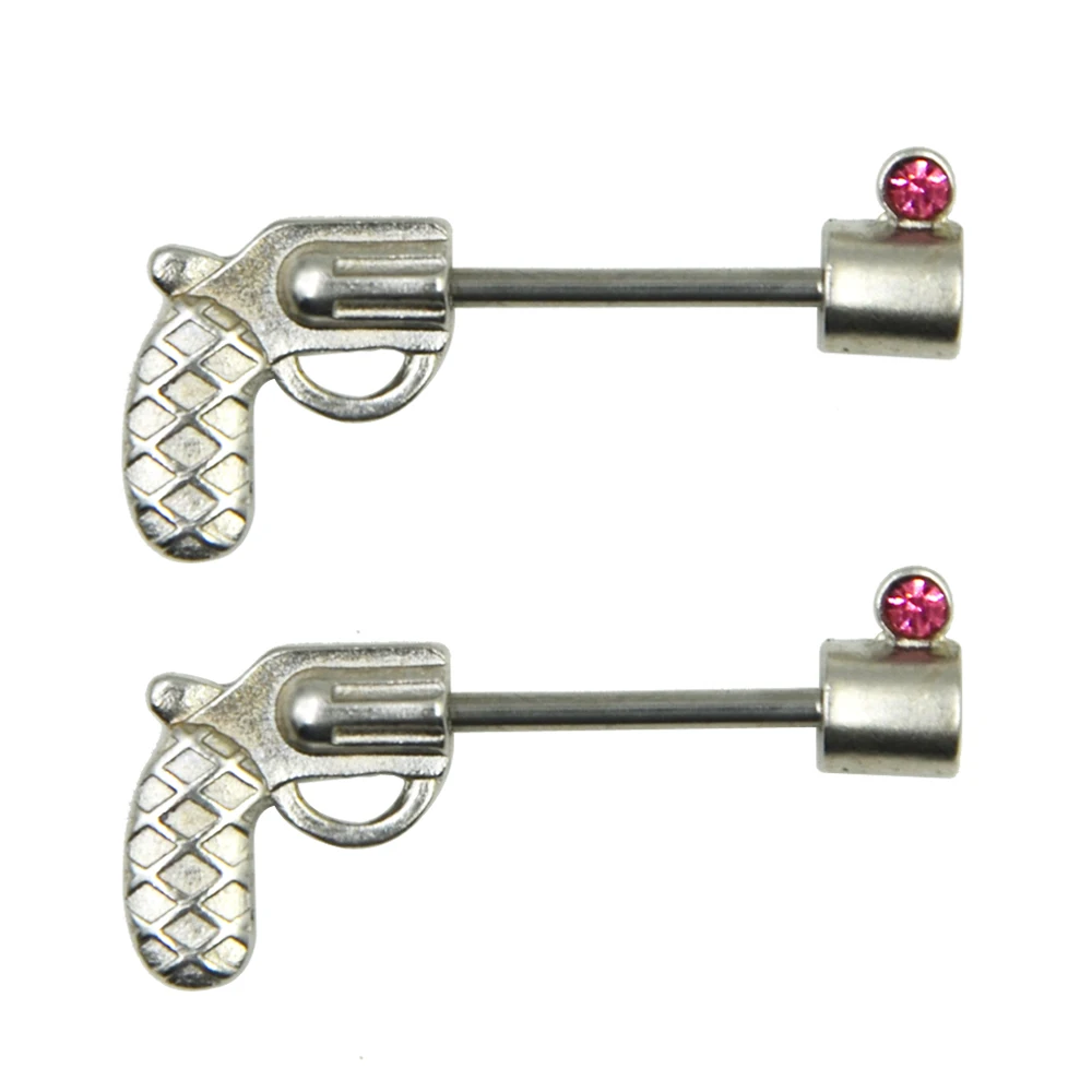 Nipple Ring Revolver Gun Barbell Surgical Steel Piercing Jewelry Clear CZ 14G