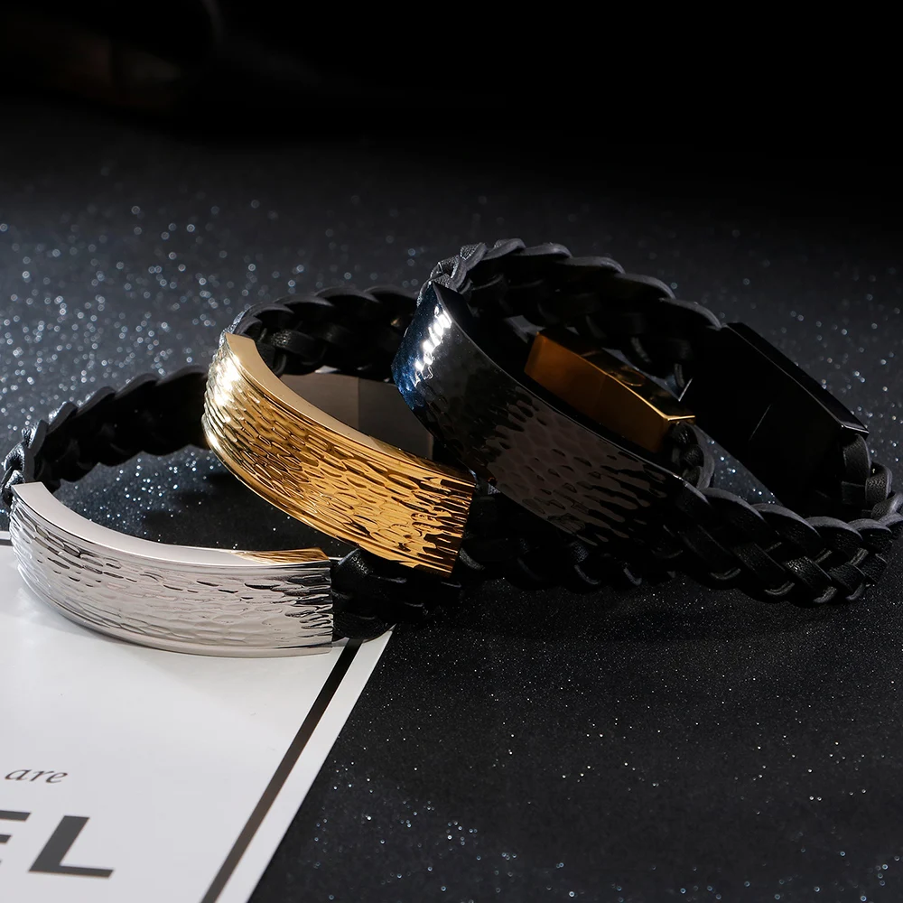 

Wrap Leather Bracelet Mens Personalized Gold Stainless Steel Bangles With Magnet Clasp Cowhide Wristband Gift For Boyfriend Dad
