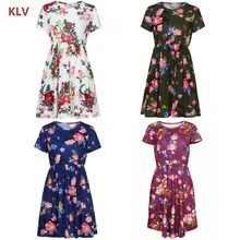 KLV Women Floral Short Sleeve Tunic Vintage Midi Casual Midi Dress With Pockets New brown fashion self tie design midi outerwear with side pockets
