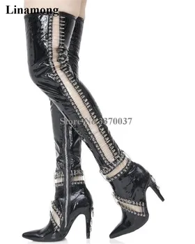 

Newest Women Fashion Pointed Toe Black Patent Leather Pin Over Knee Gladiator Boots Cut-out Thigh High Heel Boots Dress Shoes