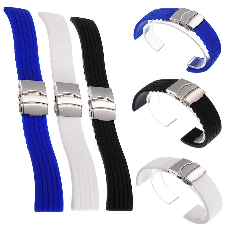 20mm 22mm reloj hombre Silicone Rubber Watch Strap Deployment Buckle Waterproof Band Sport Wrist Sweatband Watch Straps Band