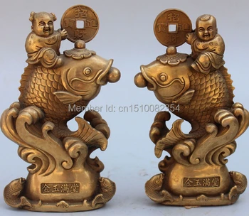 

9" Chinese Bronze Wealth Coin Money Tongzi Boys children Kid On Fish Pair Statue