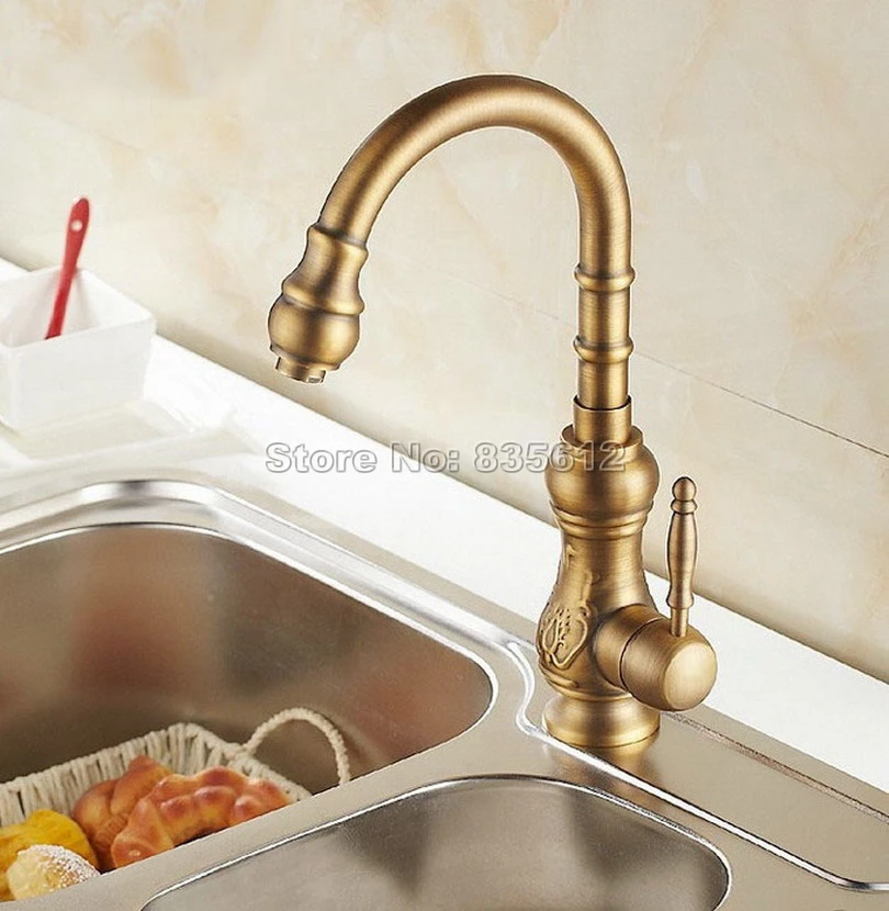 360 Degree Swivel Deck Mounted Antique Brass Single Handle Single Hole Kitchen Sink Faucet Vessel Sink Mixer Tap Wan004 kitchen faucet swivel spout vessel sink mixer tap ceramic handle deck mounted antique brass