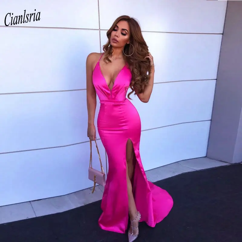 

Fuchsia Sexy Deep V-Neck High Split Mermaid Evening Dress Criss-Cross Straps Back Formal Evening Party Dresses Robe De Soiree