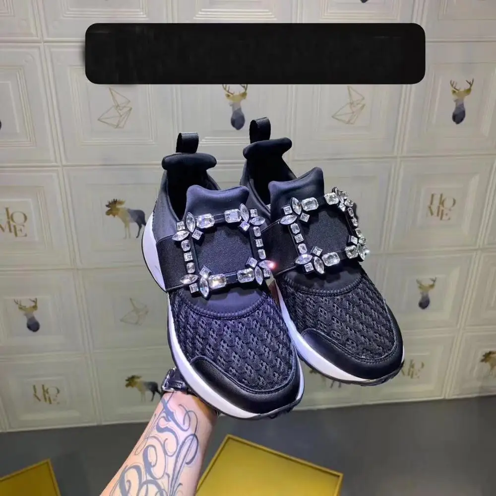 

Women's shoes 2019 luxury brand sports mesh casual shoes rhinestones square buckle color matching heightening flat shoes
