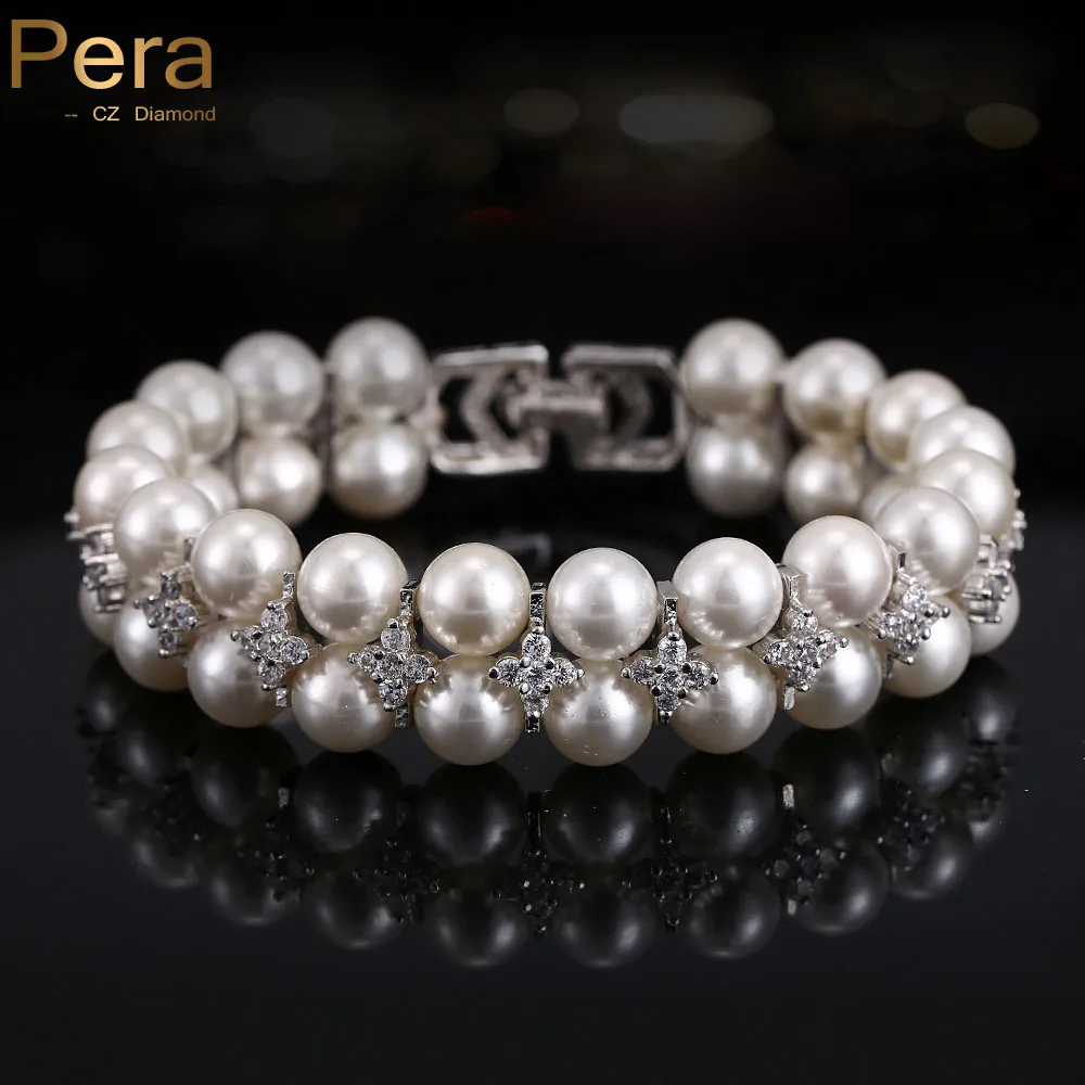 

Pera New European Style Setting Luxury Bridal Jewelry 2 Rows Big Imitation Pearl Charm Bracelet Wedding Gift For Brides B030