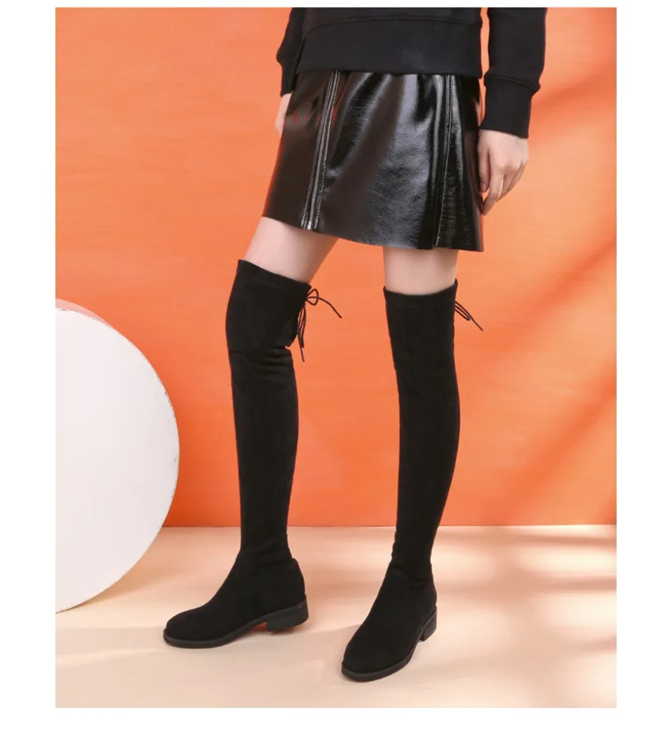KATELVADI/размеры 34-43; Сапоги выше колена; женские сапоги до бедра из флока с круглым носком на низком квадратном каблуке; Цвет Черный; зимние сапоги K-196