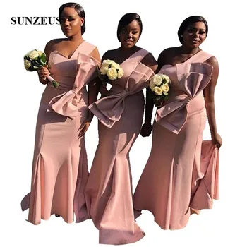 Pink Satin African Women Bridesmaids Dress Mermaid One Shoulder Long Wedding Party Gowns With Bow Pink Satin African Women Bridesmaids Dress Mermaid One Shoulder Long Wedding Party Gowns With Bow