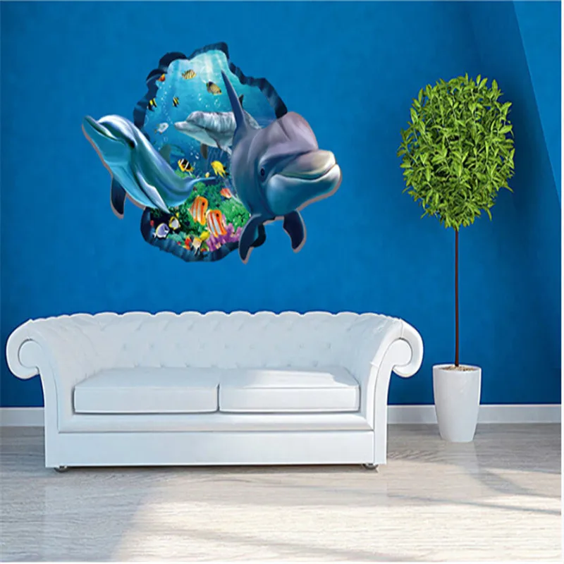 

Creative Dolphins 3D Wall Stickers Underwater World For Sitting Room Background Wall Posters Decoration Wall Decals QB891935