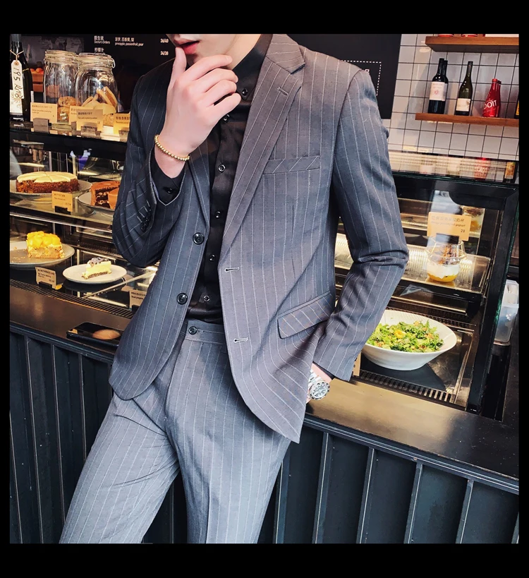 Traje Hombre 2019 Британский серый мужские в тонкую полоску костюмы Черный Жених Бизнес для Para Noivo мужские костюмы Slim Fit