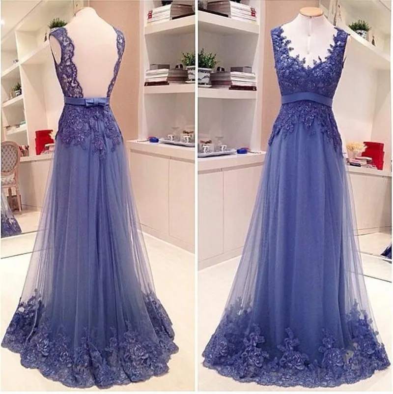 

Exquisite Lace Appliques Evening Dress Floor Length Backless Tulle Long Prom Gown for Wedding Party Custom Made