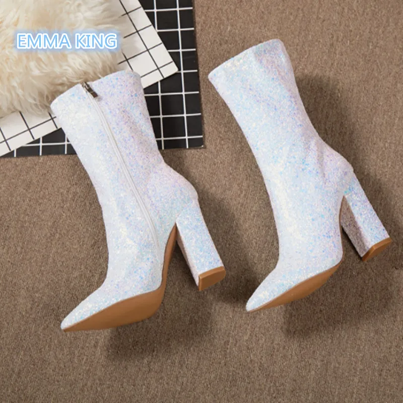

White Glitter Bling Ankle Boots Women Square Heels Pointed Toe Chelsea Boots Medium Heels Side Zipper Short Boots Botines Mujer