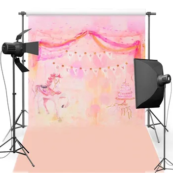 

DAWNKNOW Birthday Party Vinyl Photography Background Pink Horse New Fabric Flannel Backdrop For Children photo studio 1204