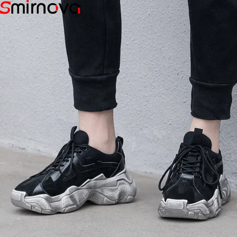 

Smirnova 2019 new shoes woman lace up Hot sale Dad Shoes Sneakers Flat Platform Shoes women casual suede leather shoes women