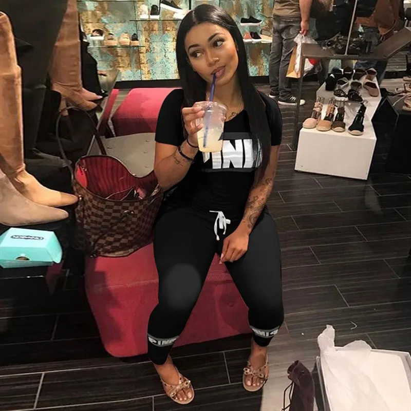 2019 Pink Letters Print Women 2Pcs Set Short Sleeve V Neck Top Tee Long Pants Tracksuit Female Set Fashion Outfits Sportswear 2019 Pink Letters Print Women 2Pcs Set Short Sleeve V Neck Top Tee Long Pants Tracksuit Female Set Fashion Outfits Sportswear