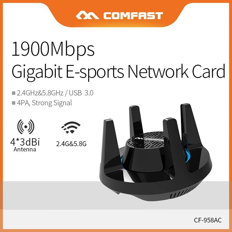 

Comfast Dual Band 2.4&5.8Ghz High Power PA Wifi Adapter 1900Mbps Gigabit E-Sports Network Card PC Lan Dongle Receiver CF-958AC