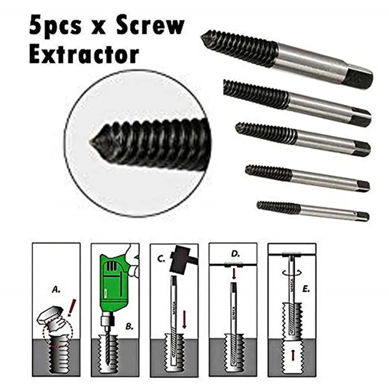 

5Pcs/set Steel Broken Damaged Screw Extractor Drill Bit Speed Out Guide Set Broken Bolt Remover Easy Out Car Repair Tools