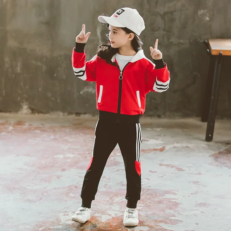 Костюм для девочек; Спортивный костюм для больших девочек; пальто+ штаны; комплект из 2 предметов для age3-10Y - Цвет: Красный