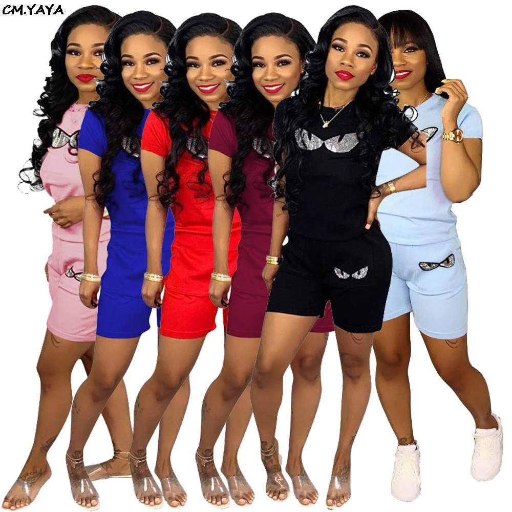 

2019 women sequins cat eye splicing o-neck tee top above knee length pants suit 2pcs sporty women's set tracksuit outfit H1122