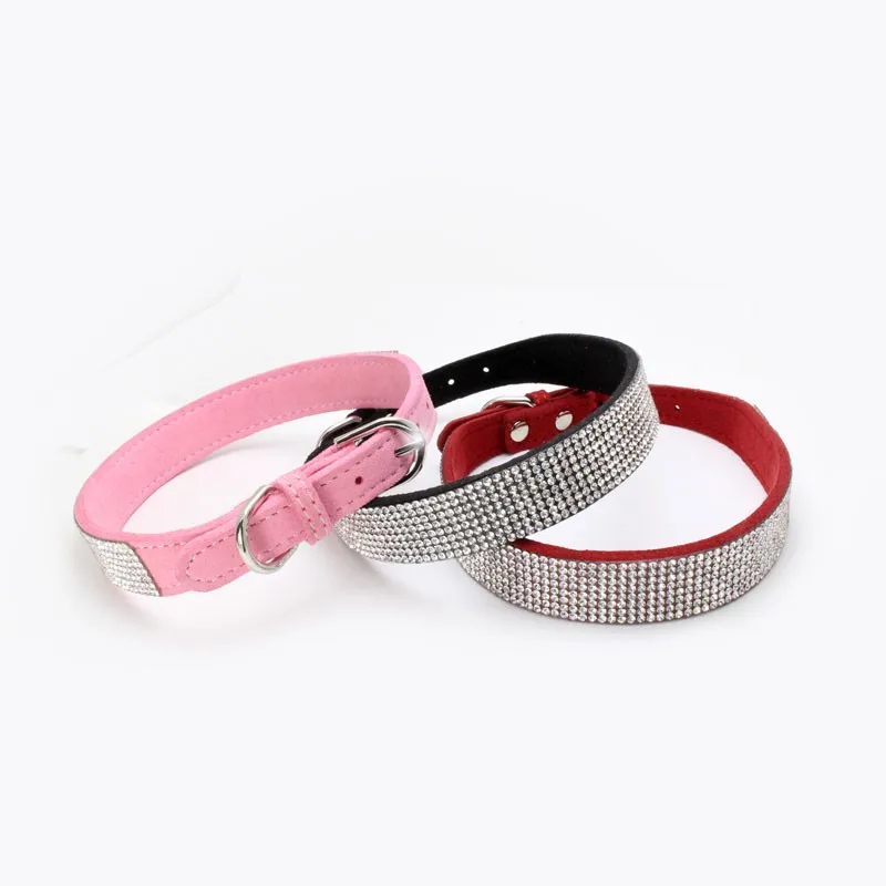 Diamante Rhinestone Cat Dog PU Leather Collars Pink For Small Medium Dogs XS-L 