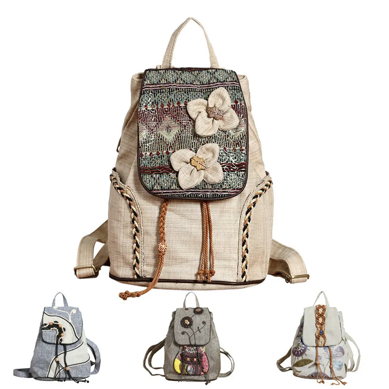 Coofit Vintage Women Female Backpack Retro Tribe Florals Flowers Canvas