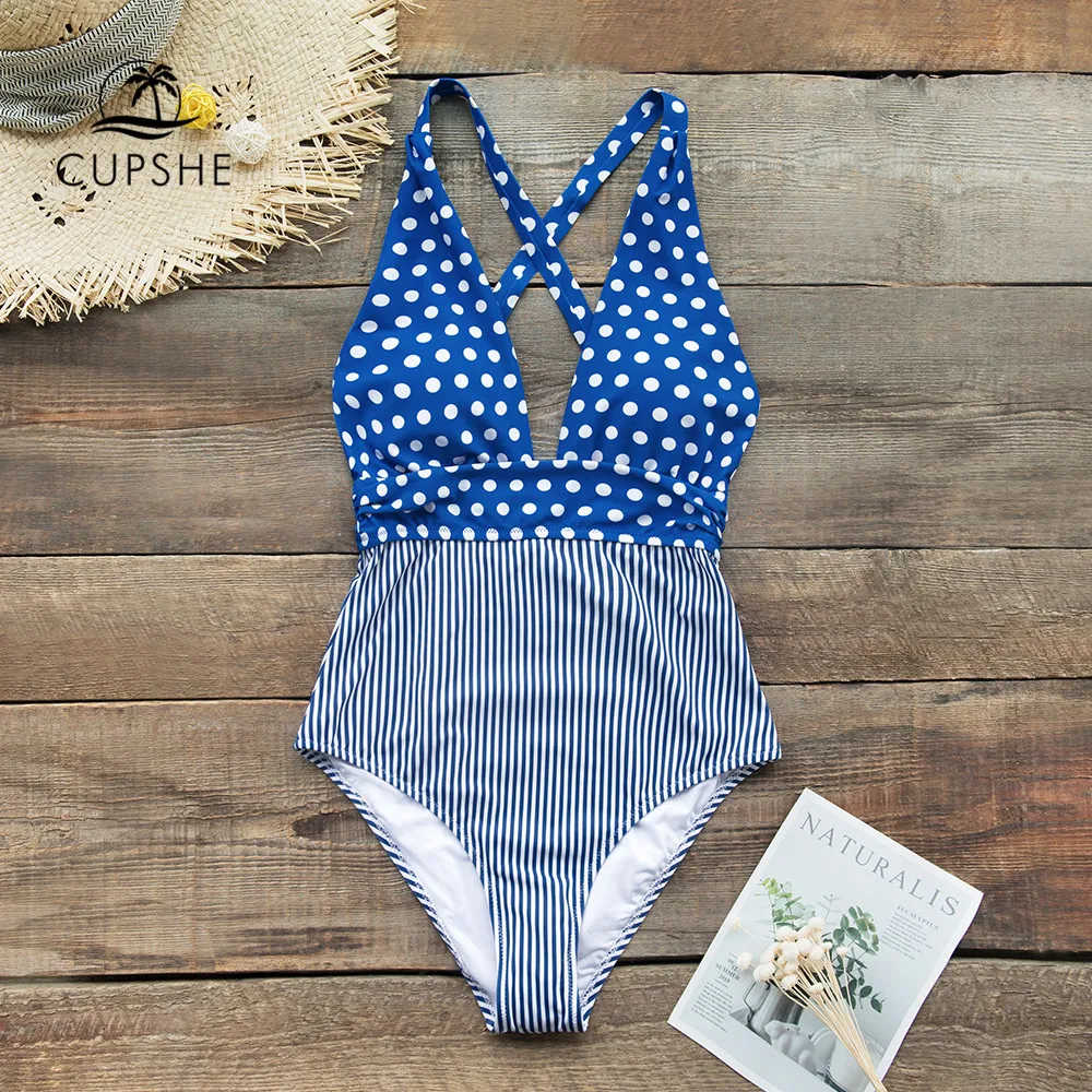 Günstige CUPSHE Blau Tupfen Und Streifen Druck Einteiliges Badeanzug Sexy Frauen Monokini Bademode 2020 Mädchen Strand Badeanzug bademode