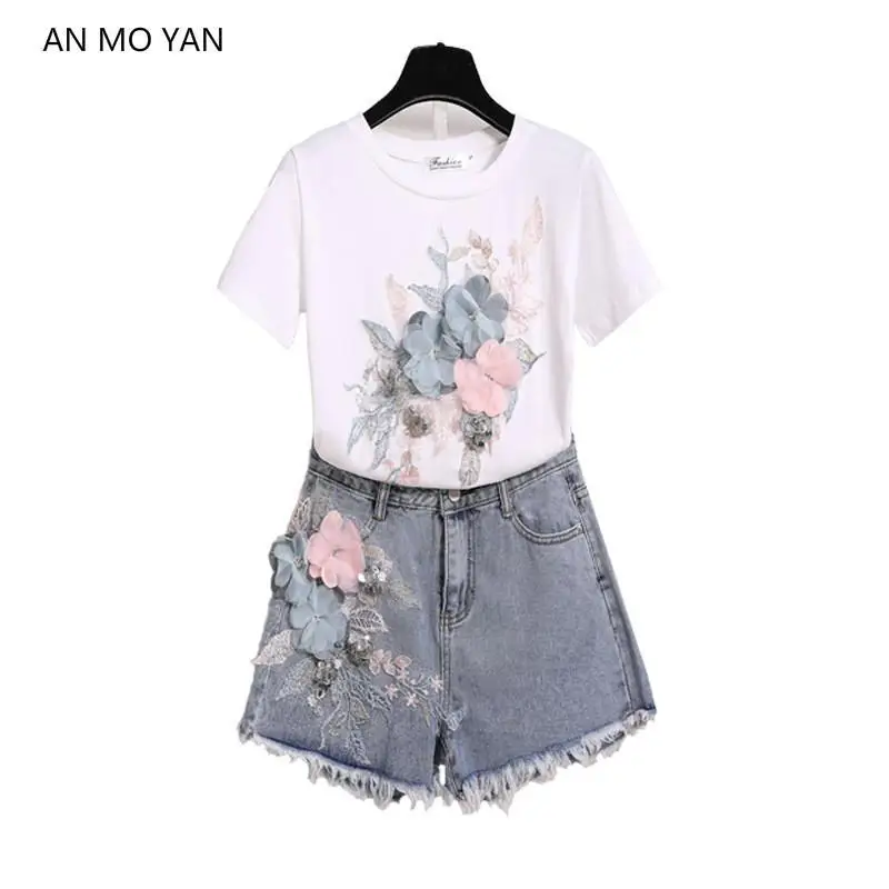 

High Quality Women's Fashion Embroidered Sequined Two-piece 2019 New Harajuku Three-dimensional Flower Denim Shorts Suit Short-s