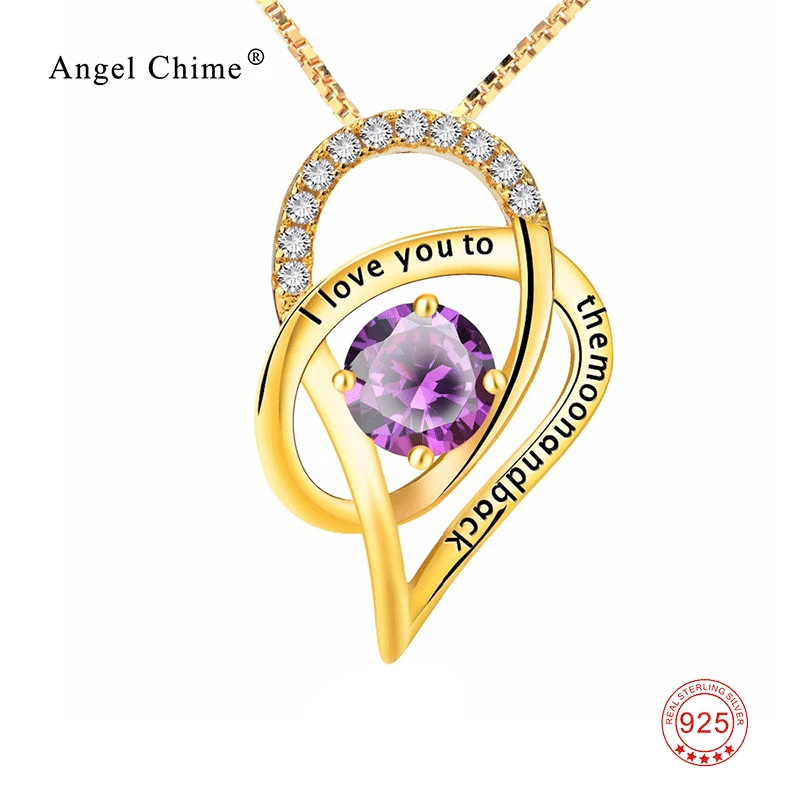 

925 Sterling Silver I Love You To The Moon And Back Purple Crystal Gold Color Heart Pendant Statement Necklaces For Women