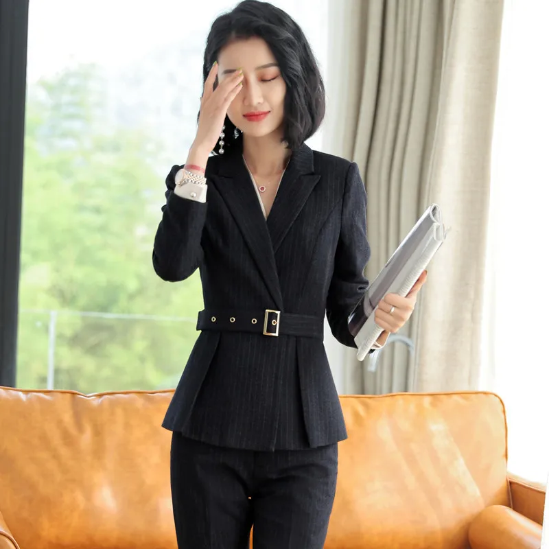 2018 Uniform Office Ladies Business Work Suit Women Slim Fit Pants/Skirts Suits Black Blue Striped Womens 2 Piece Outfit Sets 2018 Uniform Office Ladies Business Work Suit Women Slim Fit Pants/Skirts Suits Black Blue Striped Womens 2 Piece Outfit Sets