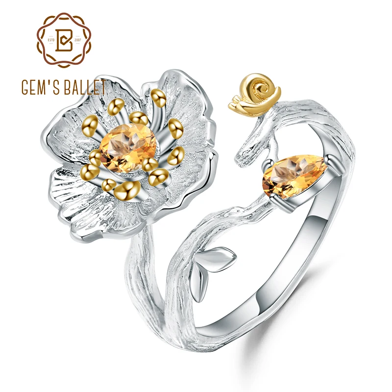 GEM'S BALLET 0.65Ct Natural Citrine Gemstone Ring 925 Sterling Silver Handmade Blooming Poppies Flower Rings for Women Bijoux GEM'S BALLET 0.65Ct Natural Citrine Gemstone Ring 925 Sterling Silver Handmade Blooming Poppies Flower Rings for Women Bijoux