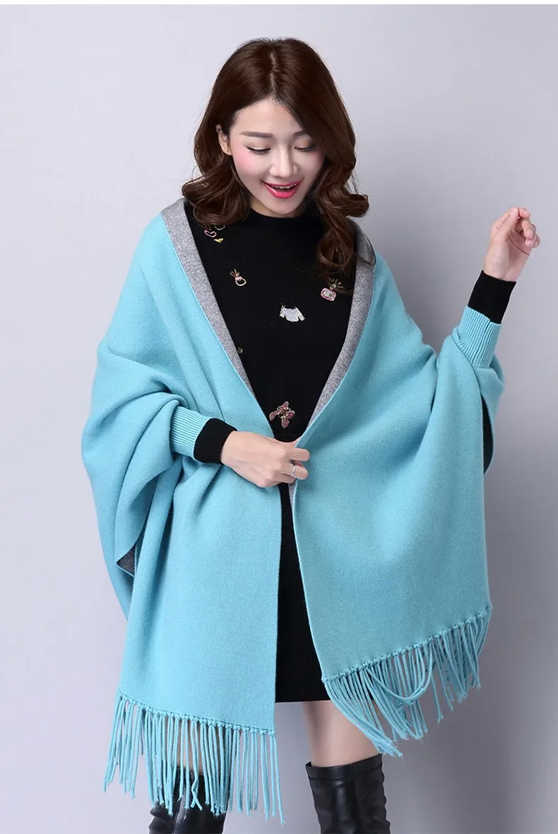Новая мода осень зима женщин толстый двойной цвет кисточкой большой плащ кардиган шаль с бахромой плащ с длинными рукавами свитер пальто C0021