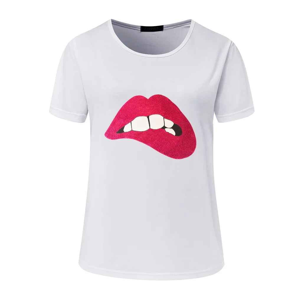 New 2018 Fashion Women Summer Tops Short-sleeve Casual Lips Printed T-shirts Plus Size Casual Tees S~XXL Free Shipping Tops